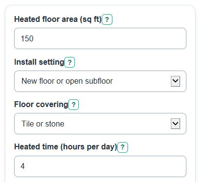 Example inputs for Radiant Floor Heating Cost Calculator