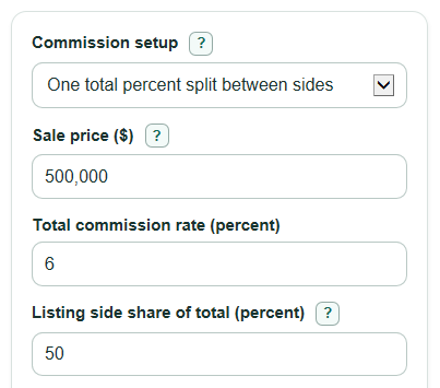 Example inputs for Real Estate Commission Calculator