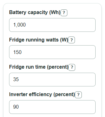 Example inputs for Refrigerator Battery Backup Runtime Calculator