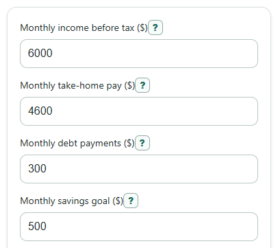 Example inputs for Rent Affordability Calculator
