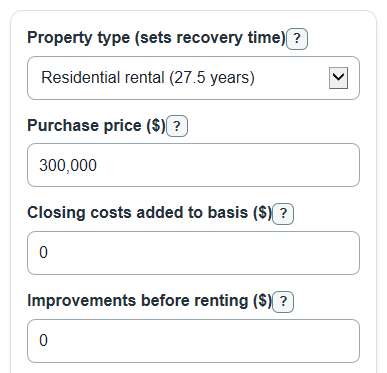 Example inputs for Rental Property Depreciation Calculator