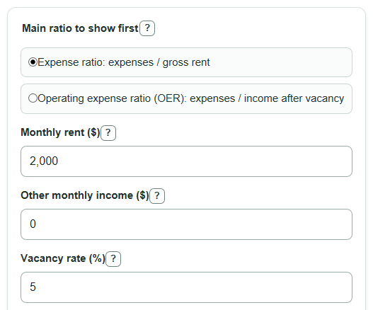 Example inputs for Rental Property Expense Ratio Calculator