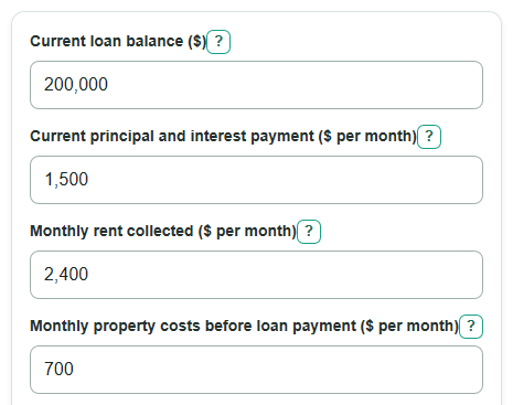 Example inputs for Rental Property Refinance Calculator