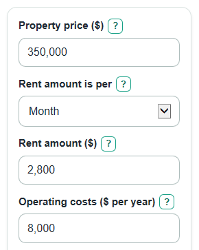 Example inputs for Rental Yield Calculator