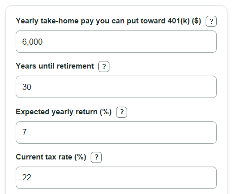 Example inputs for Roth vs Traditional 401(k) Calculator