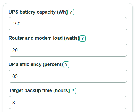 Example inputs for Router and Modem UPS Runtime Calculator