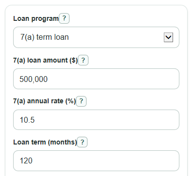 Example inputs for SBA Loan Calculator