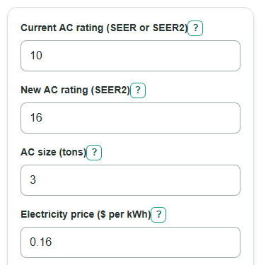 Example inputs for SEER2 Savings Calculator