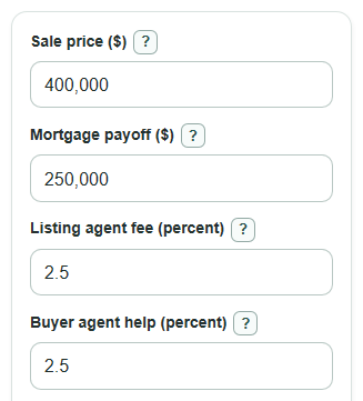Example inputs for Seller Closing Costs Calculator