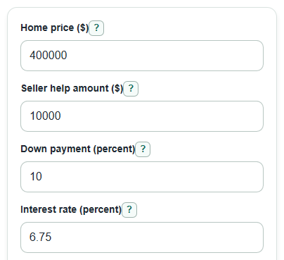 Example inputs for Seller Credit vs Price Reduction Calculator