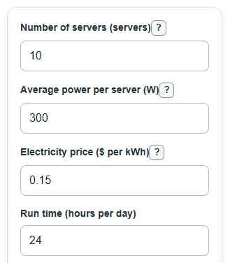 Example inputs for Server Rack Power Cost Calculator
