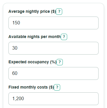 Example inputs for Short-Term Rental Profit Calculator