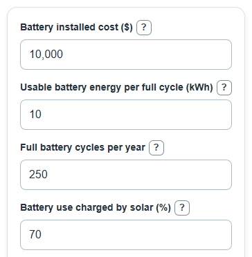 Example inputs for Solar Battery Payback Calculator