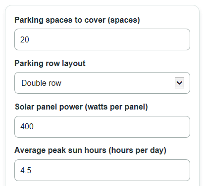 Example inputs for Solar Carport Calculator
