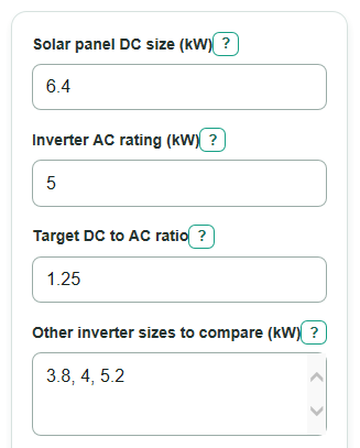 Example inputs for Solar DC to AC Ratio Calculator
