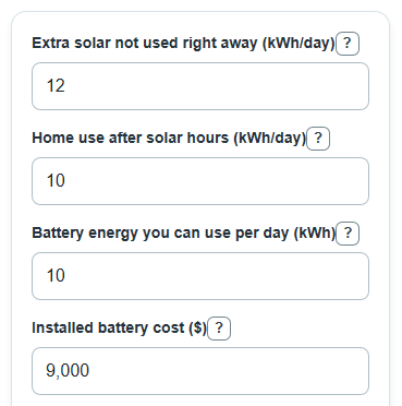 Example inputs for Solar Export vs Battery Storage Calculator