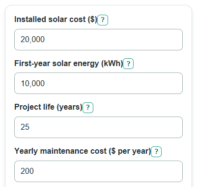 Example inputs for Solar Levelized Cost of Energy Calculator