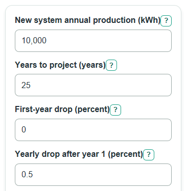 Example inputs for Solar Panel Degradation Calculator