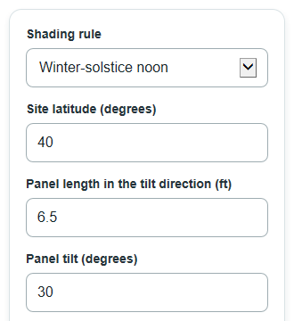 Example inputs for Solar Panel Row Spacing Calculator
