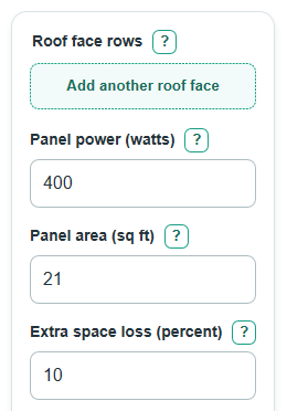 Example inputs for Solar Roof Area Calculator