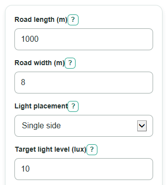 Example inputs for Solar Street Light Size Calculator