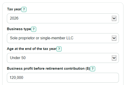 Example inputs for Solo 401(k) vs SEP IRA Calculator