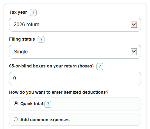Example inputs for Standard Deduction vs Itemized Deduction Calculator