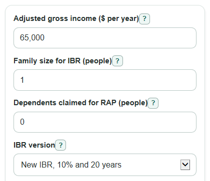 Example inputs for Student Loan RAP vs IBR Calculator