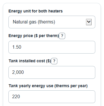 Example inputs for Tank vs Tankless Water Heater Cost Calculator