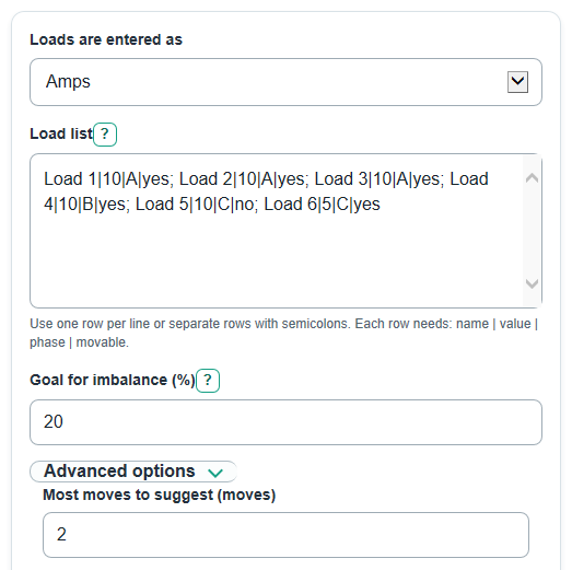 Example inputs for Three-Phase Load Balancing Calculator