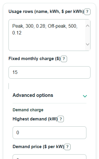 Example inputs for Time-of-Use Electricity Cost Calculator