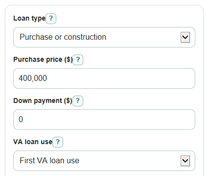 Example inputs for VA Loan Funding Fee Calculator