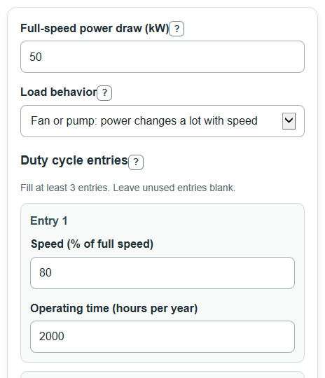 Example inputs for VFD Energy Savings Calculator