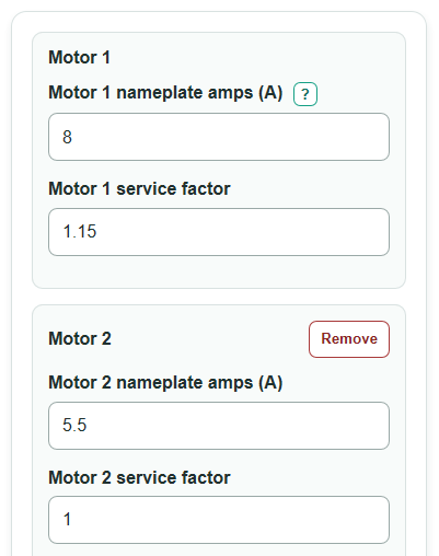 Example inputs for VFD Size Calculator