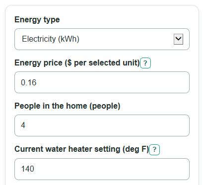 Example inputs for Water Heater Temperature Savings Calculator