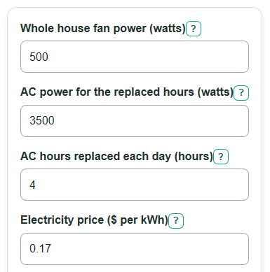 Example inputs for Whole House Fan vs AC Cost Calculator