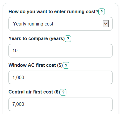 Example inputs for Window AC vs Central Air Cost Calculator