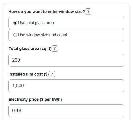Example inputs for Window Film Energy Savings Calculator