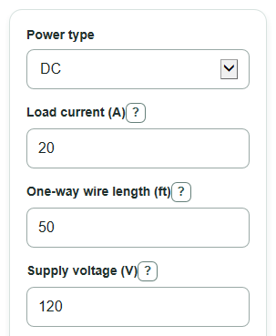 Example inputs for Wire Resistance and Power Loss Calculator