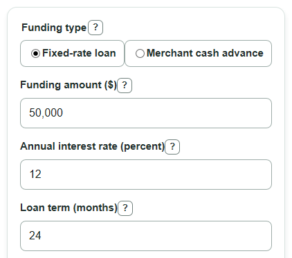 Example inputs for Working Capital Loan Calculator