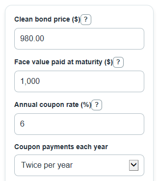 Example inputs for Yield to Maturity Calculator