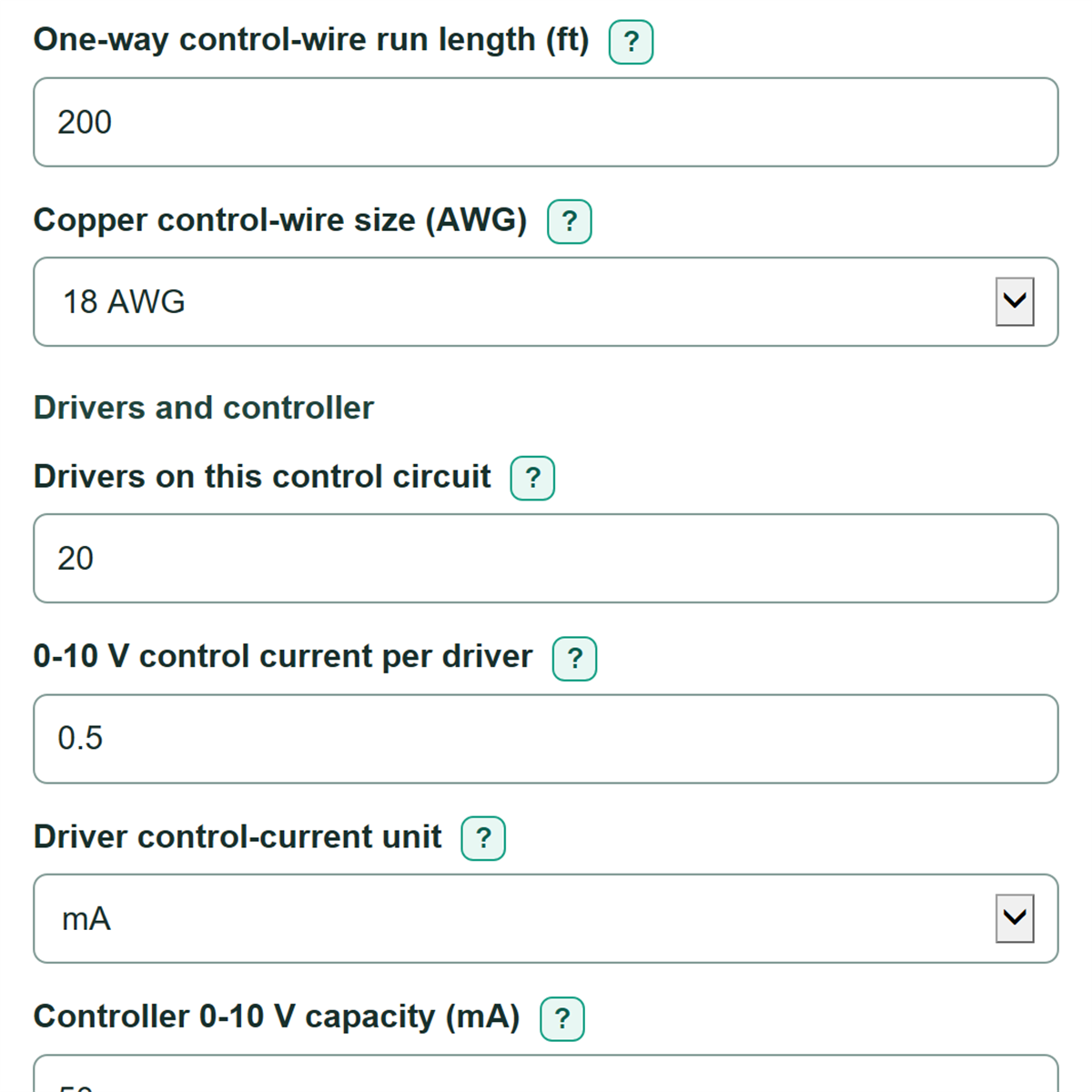 Example inputs for 0-10V Dimming Driver Limit Calculator