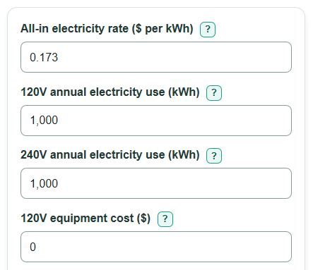 Example inputs for 120V vs 240V Heat Pump Water Heater Calculator