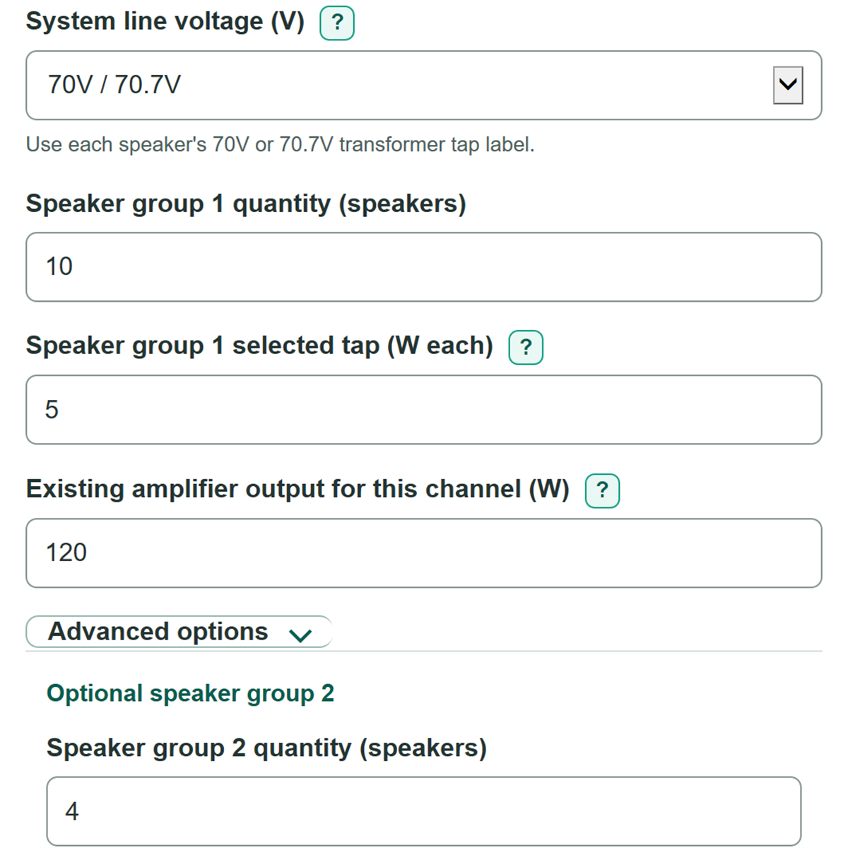 Example inputs for 70V and 100V Speaker Tap Load and Amplifier Size Calculator
