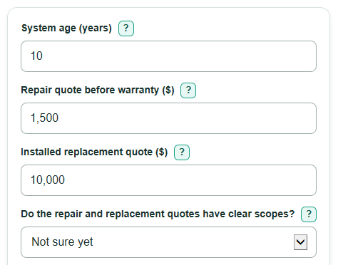 Example inputs for AC Repair or Replace Calculator