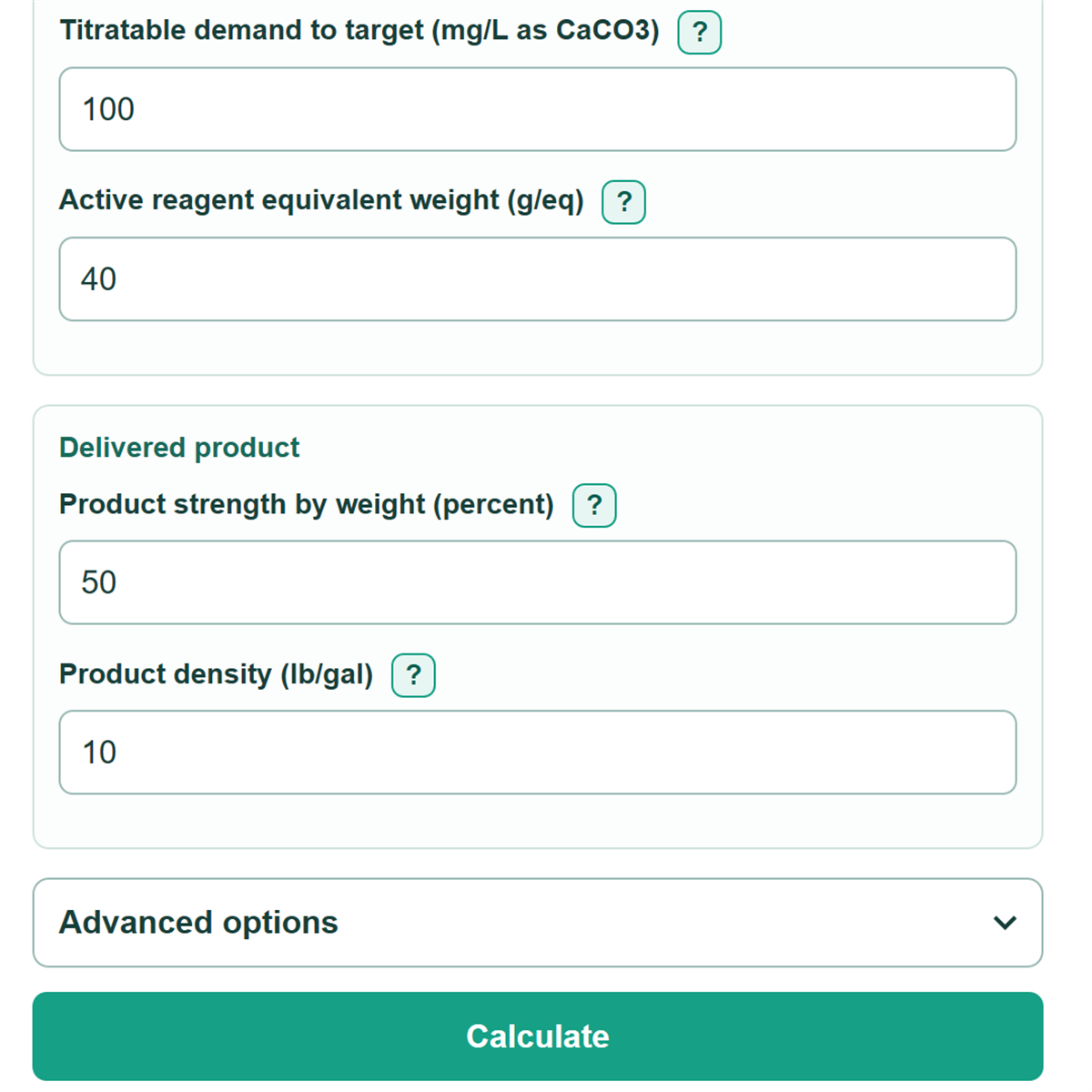 Example inputs for Acid and Caustic Neutralization Feed Calculator