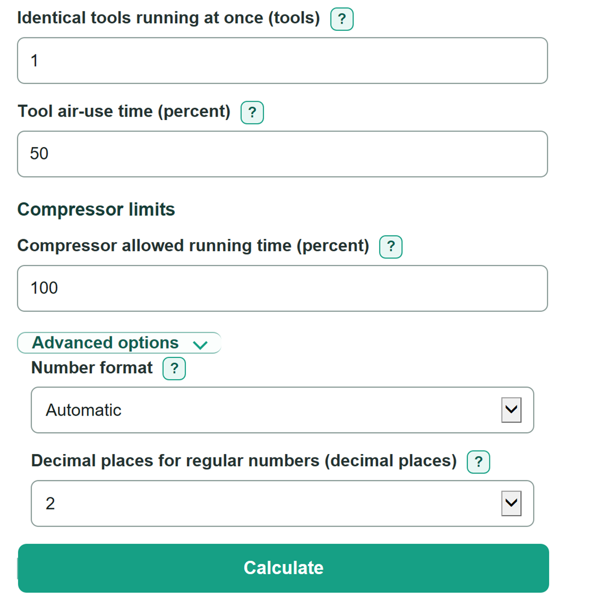 Example inputs for Air Compressor Duty Cycle and Required Capacity Calculator