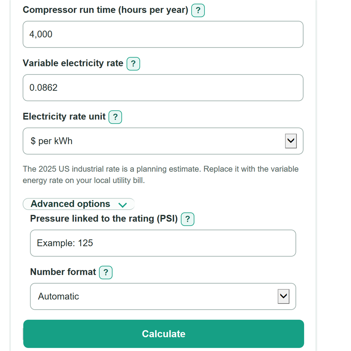 Example inputs for Air Compressor Power, CFM and Annual Operating Cost Calculator