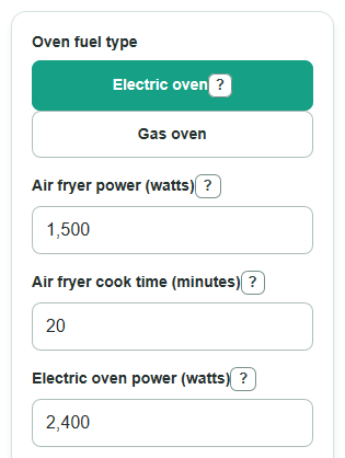 Example inputs for Air Fryer vs Oven Cost Calculator