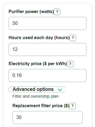 Example inputs for Air Purifier Running Cost Calculator